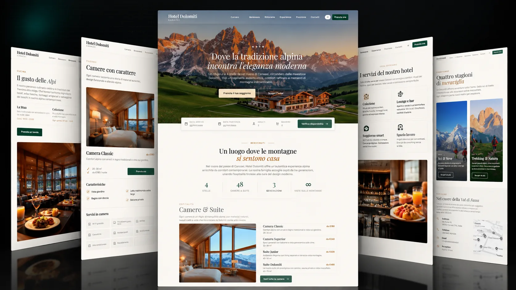 Le pagine del sito Hotel Dolomiti: home con verifica disponibilità, camere, servizi ed esperienze